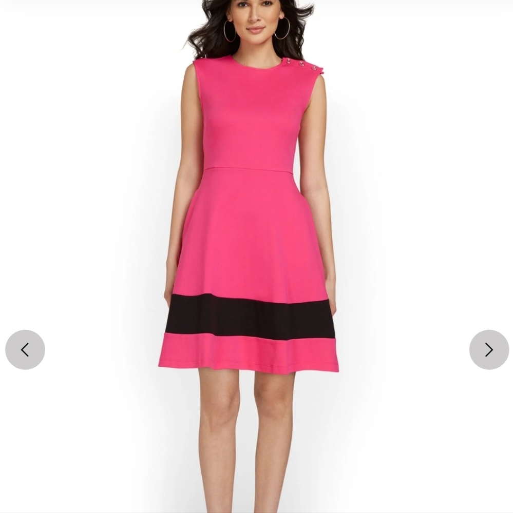 NWT NY & C Contrast Stripe Shoulder-Button Flare Pink and Black Sleeveless Dress - Picture 5 of 8